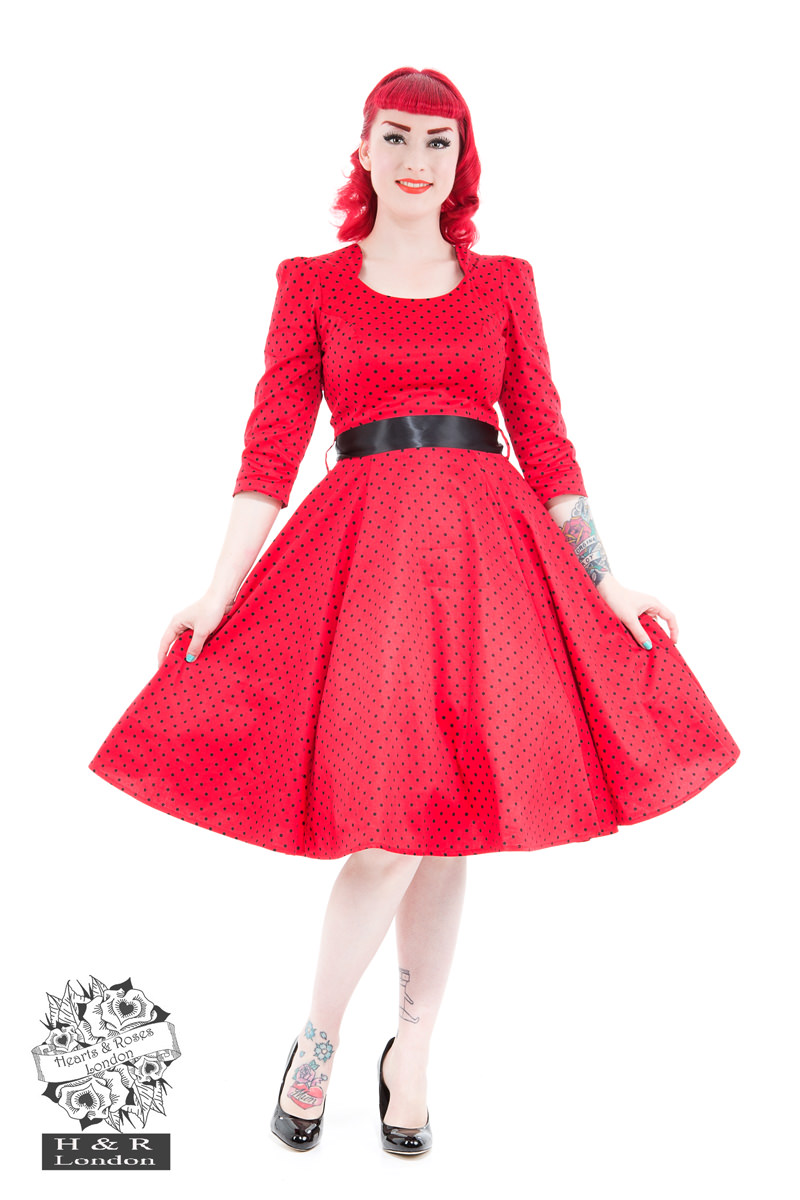 Veronica Red Black Polka Dot 3/4 Sleeves Dress